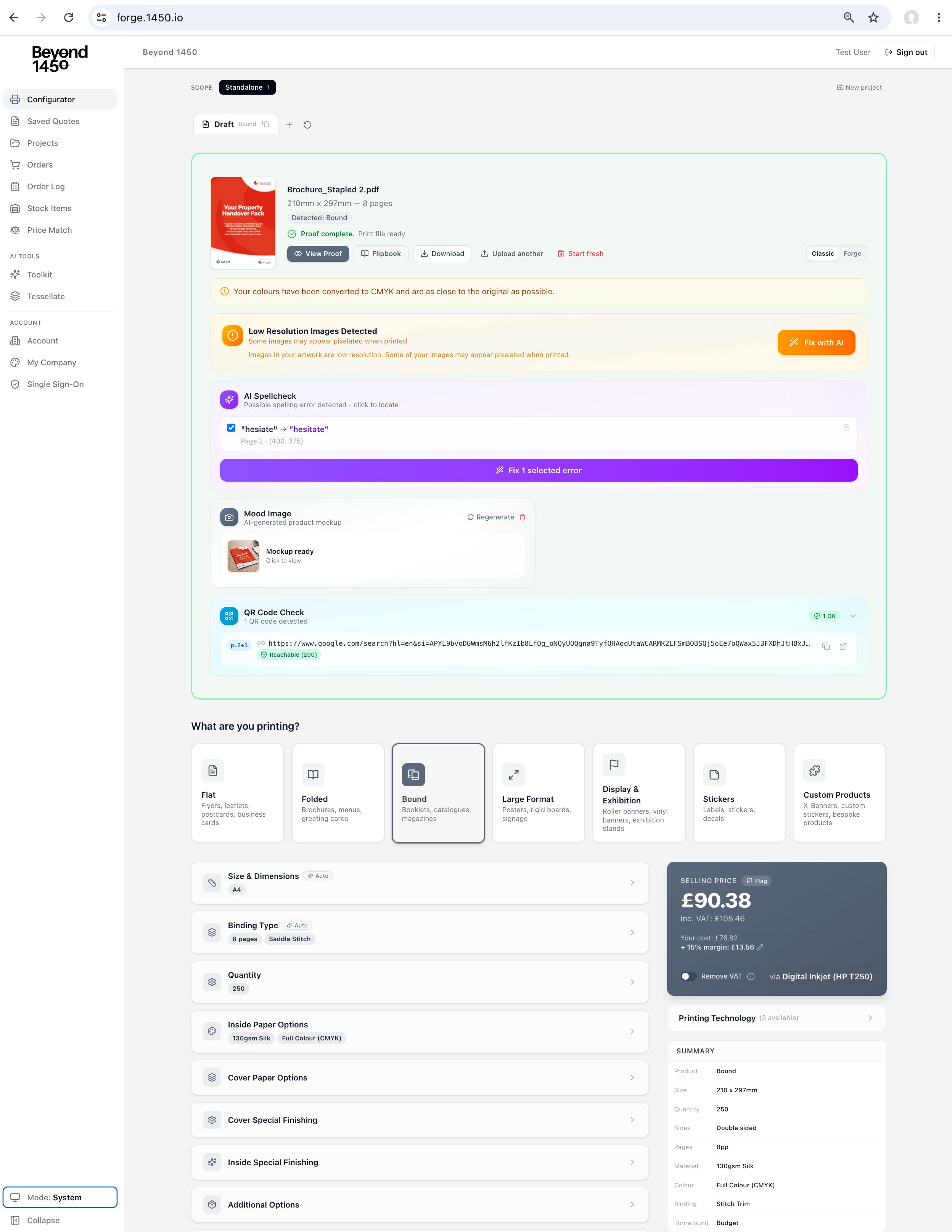_forge configurator showing AI proof tools, spellcheck, mood image generation, and live pricing