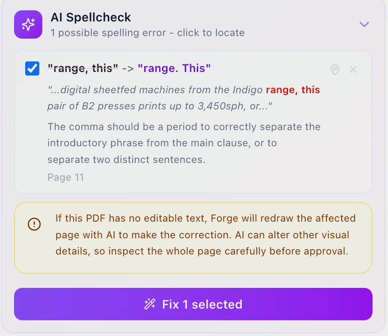 AI Spellcheck panel: one possible spelling error found with the surrounding sentence quoted, the page number, and a one-click fix button
