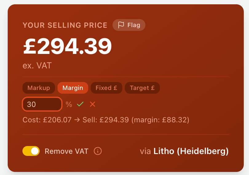 Margin editor open on the selling price card: Markup, Margin, Fixed £ and Target £ modes, 30% entered, showing cost £206.07 becoming a £294.39 sell with £88.32 margin