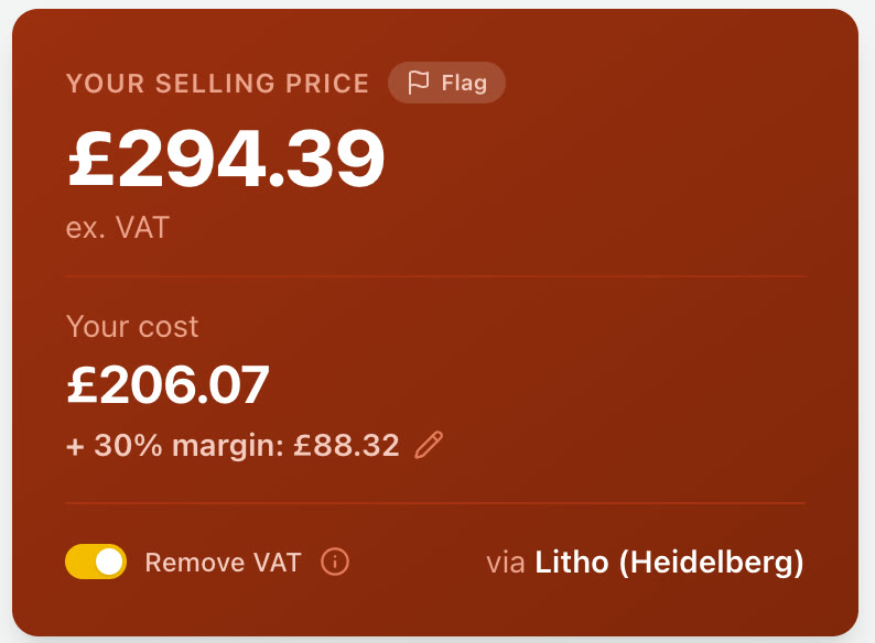 Selling price card with margin applied: £294.39 ex VAT, built from your cost of £206.07 plus 30% margin of £88.32, via Litho Heidelberg